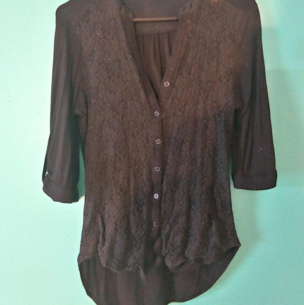 Floral lace front black button up